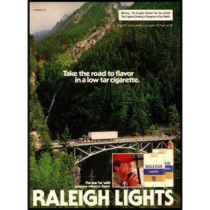 1981 Raleigh Lights Cigarettes Vintage Print Ad Steel Arch Bridge Mountains Art